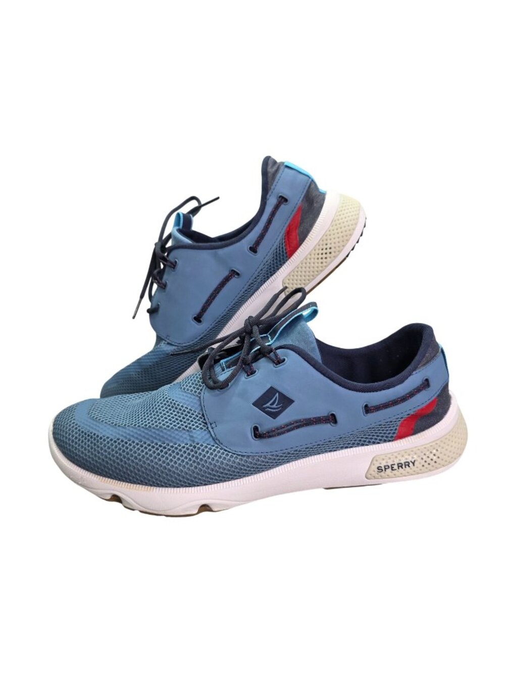 Mens Sperry Mesh 7 Seas 3-Eye Blue Boat Shoes With Red Accents Size 13